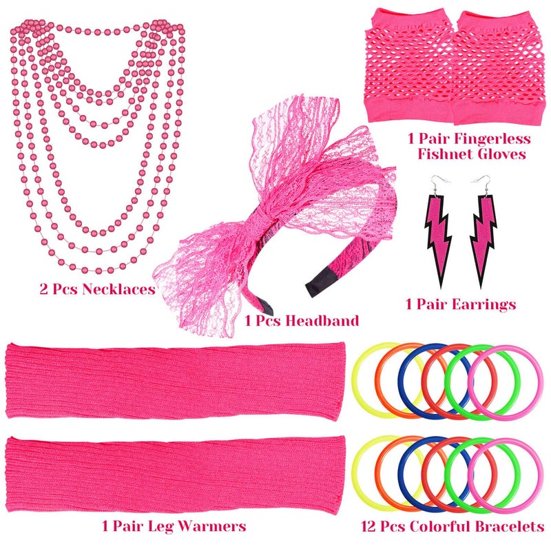 PAXCOO Women's 80s Outfit Costume Accessories Set Neon Headband Earrings Fishnet Gloves Leg Warmers Necklace Bracelet - Image 2